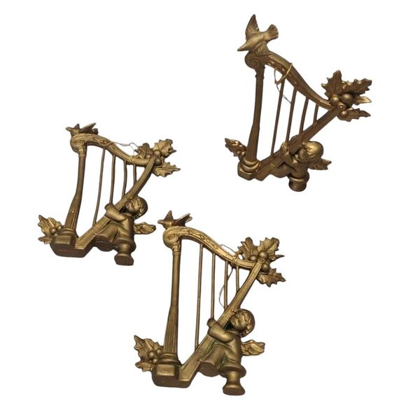 Vintage Angel Cherub Playing Harp Gold Plastic Christmas Ornaments ITALY 3x Lot - Picture 1 of 9